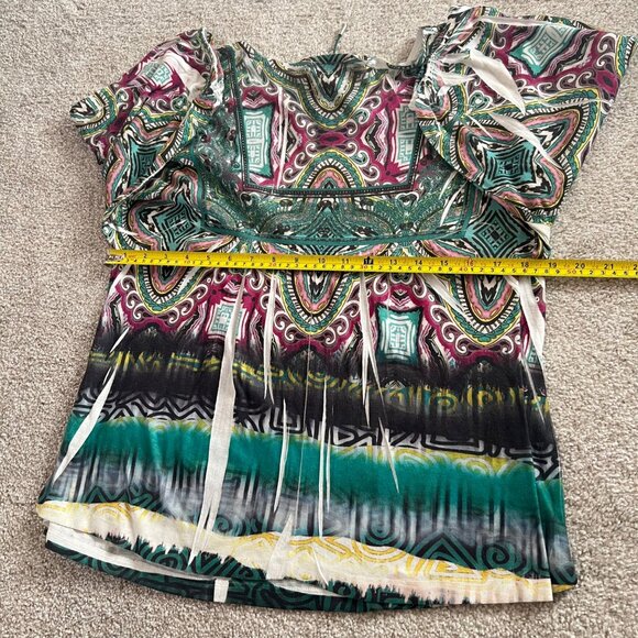 Y2K Billowy Sleeve Embroidered Lace-Up Abstract Rhinestone Green & Pink Top - Picture 7 of 8